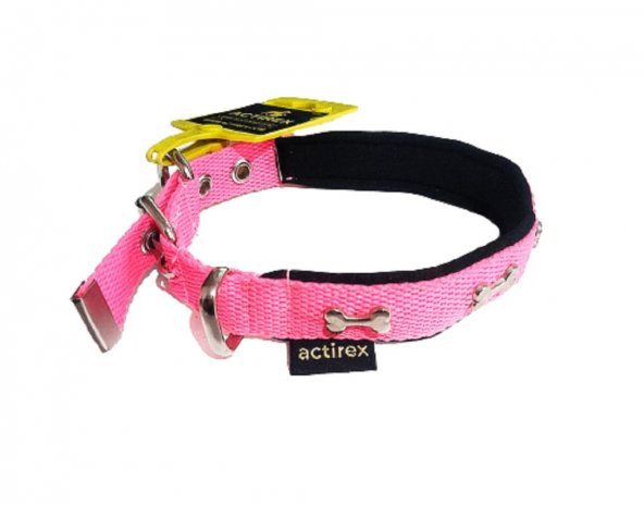 Actirex Neon Yumuşak Doku Kemik Desenli Köpek Boyun Tasma Pink Small 2.5x52cm