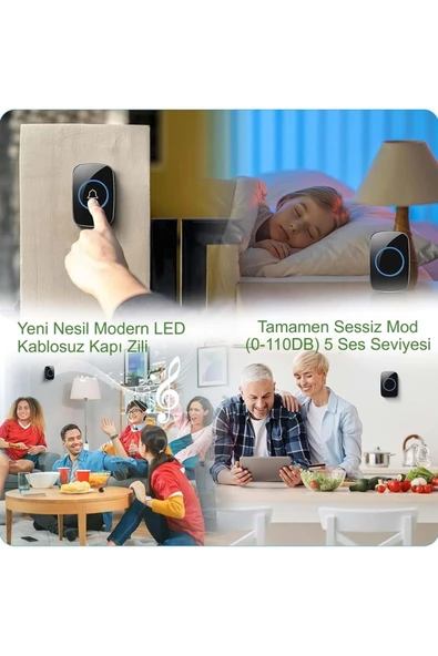 2 Buton 1 Alıcı Kablosuz Kapı Zili Ledli Modern 300metre Menzil 60 Çeşit Zil 5 Seviye Ses - 5