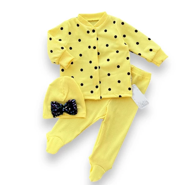 3-6-9-12 Ay Puantiyeli Şapkalı Çıtçıt Kapamalı Patikli 3lü Kız Bebek Takımı Sarı ürün görseli