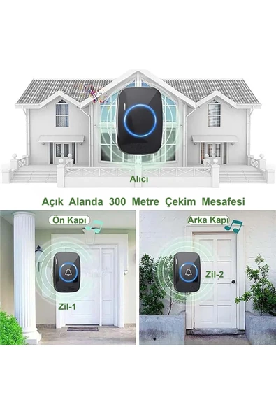 2 Buton 1 Alıcı Kablosuz Kapı Zili Ledli Modern 300metre Menzil 60 Çeşit Zil 5 Seviye Ses - 6