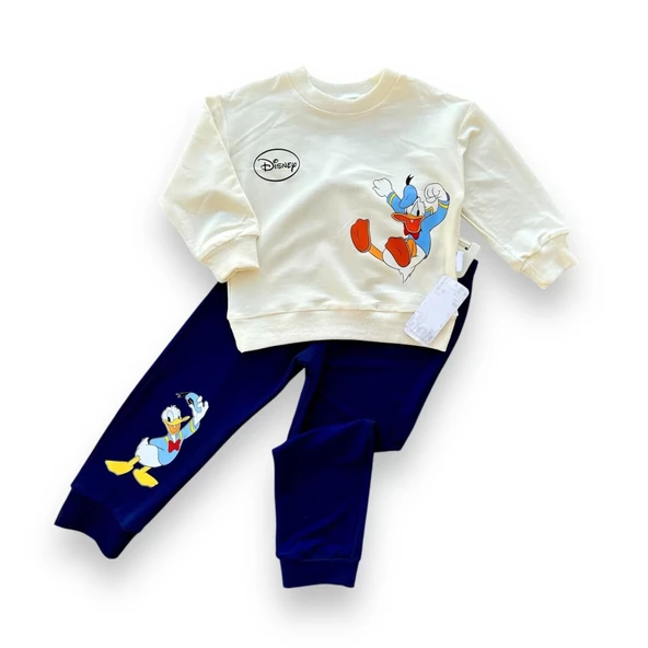 6-9-12-18 Ay Ördek Baskılı Pamuk Penye Kumaş Erkek Bebek Takımı Lacivert ürün görseli