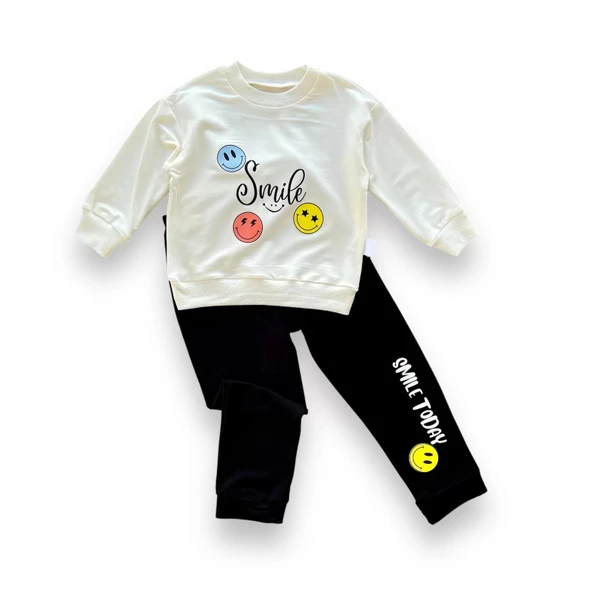 6-9-12-18 Ay Emoje Baskılı Pamuk Penye Kumaş Erkek Bebek Takımı Siyah