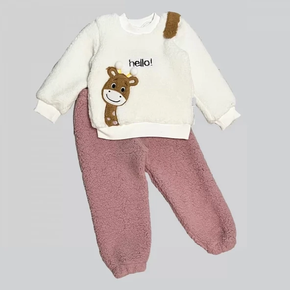 1-2-3 Yaş Hello Zürafa Nakışlı Kuzu Kumaş Sweat Pantolon Uzun Kollu Kız Erkek 2 Li Takımı Gül Kurusu