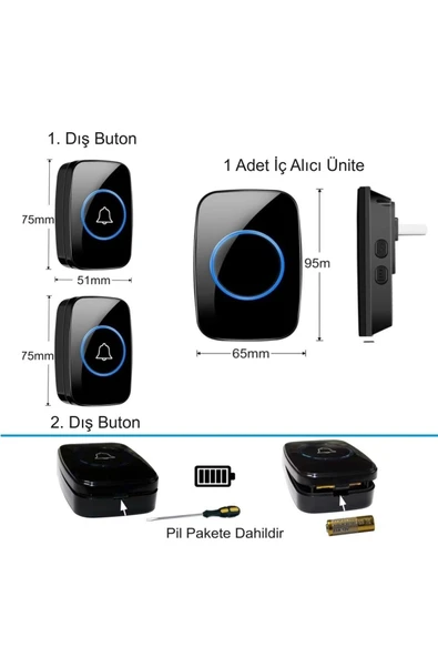 2 Buton 1 Alıcı Kablosuz Kapı Zili Ledli Modern 300metre Menzil 60 Çeşit Zil 5 Seviye Ses - 7