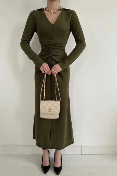 Haki Büzgülü Triko Balık Elbise - 3