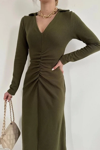 Haki Büzgülü Triko Balık Elbise - 2