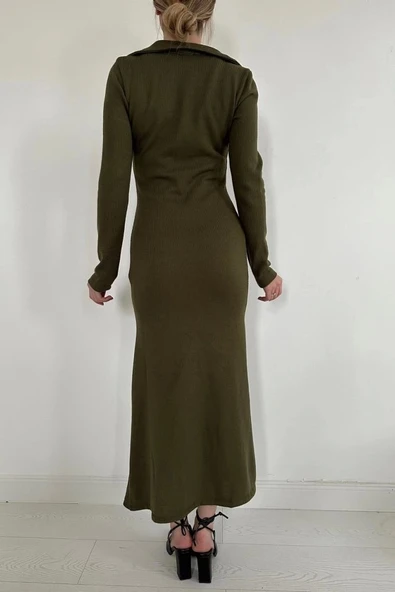 Haki Büzgülü Triko Balık Elbise - 4