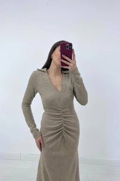 Bej Büzgülü Triko Balık Elbise - 2