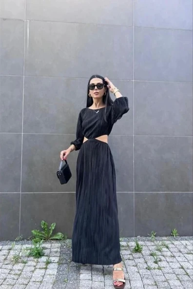 Siyah Piliseli Elbise - 2