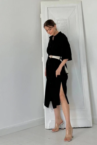 Siyah Kemerli Elbise - 4