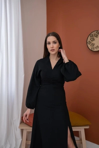 Siyah Büzgülü Krep Elbise - 2