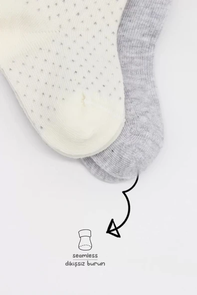 Organik 2li Puan Derby Penye Soket Çorap  Gri Ekru - 4