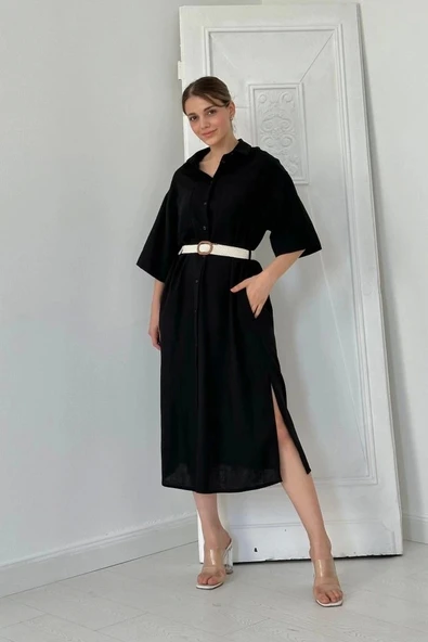 Siyah Kemerli Elbise - 2