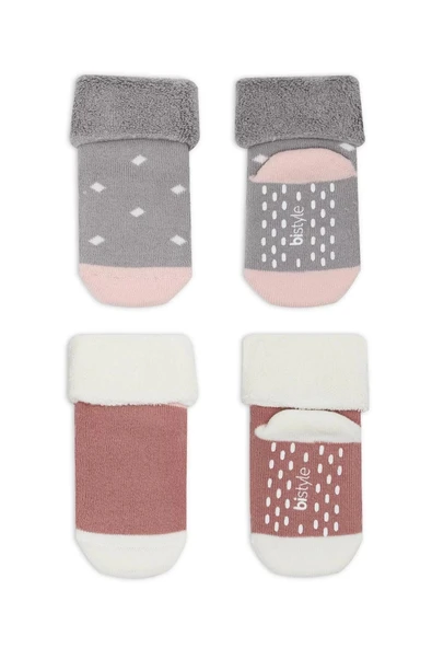 Puanlı Kaymaz Havlu Soket Çorap 2'li  Gri Pudra - 2