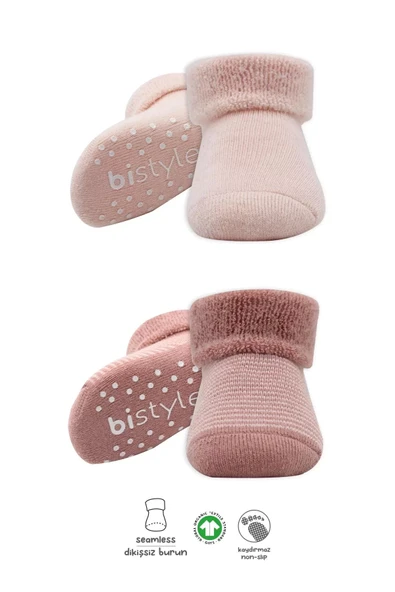 Çemberli Kaymaz Havlu Soket Çorap 2'li Bs10503 Pudra Pembe - 1