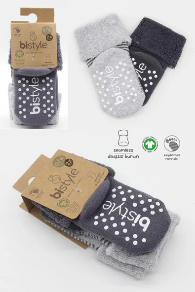 Çemberli Kaymaz Havlu Soket Çorap 2'li Gri-antrasit - 6