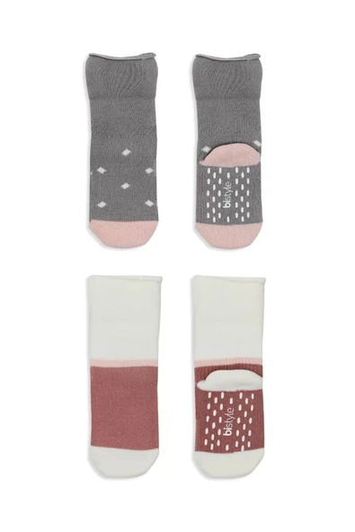 Puanlı Kaymaz Havlu Soket Çorap 2'li  Gri Pudra - 3