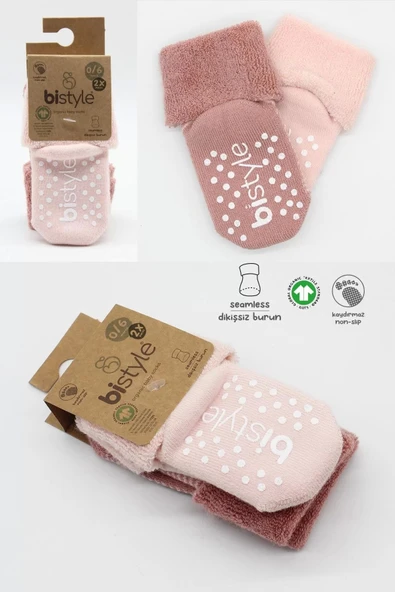 Çemberli Kaymaz Havlu Soket Çorap 2'li Bs10503 Pudra Pembe - 6