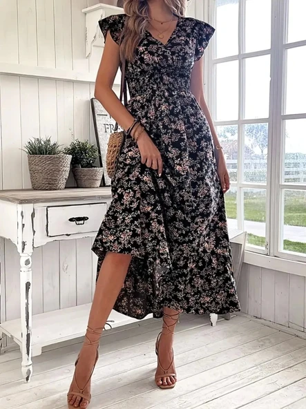 Kadın Kısa Kollu Kruvaze Yaka Beli Lastikli çiçek Desenli Elbise - 4