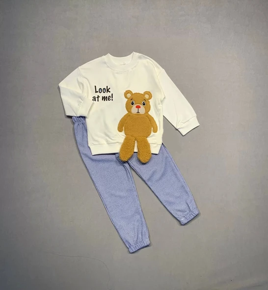 2-3-4 Yaş Ayıcık Sallanan Ayak Desenli Likra Penye Kumaş Sweat Pantolonlu Kız Erkek 2li Çocuk Takımı Ekru - 2