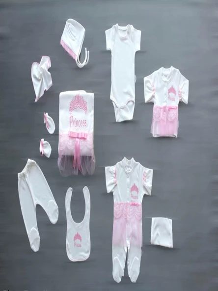 Taçlı Prensesim Nakışlı 10lu Zıbın Takımı Hastane Çıkışı Pembe