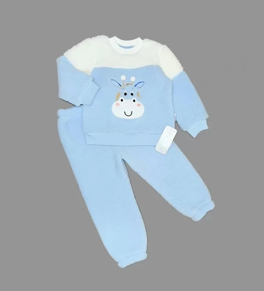 1-2-3 Yaş Ponponlu Zürafa Desenli Kuzu Kumaş Uzun Kollu 2li Kız Erkek Çocuk Takımı Mavi