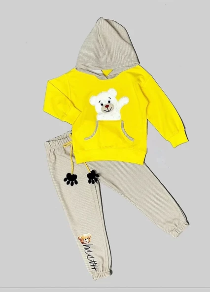 2-3-4 Yaş Pelüş Ayı Desenli Kapşonlu Uzun Kollu Penye Sweat 2li Erkek Çocuk Takımı Sarı ürün görseli 1