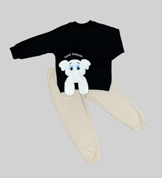 1-2-3 Yaş Filli Sallanan Ayak Desenli Likra Penye Kumaş Sweat Pantolonlu Kız Erkek 2li Çocuk Takımı Siyah