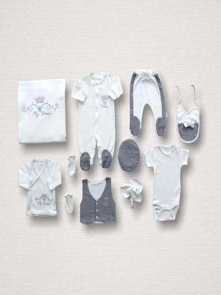 Süper Prens Nakışlı 10lu Zıbın Takımı Hastane Çıkışı Gri