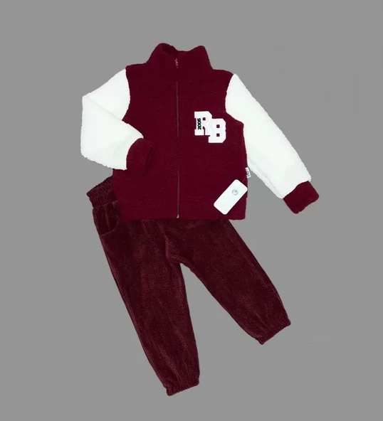1-2-3 Yaş Kuzu Kumaş Fermuarlı Sweat Kadife Pantolonlu Uzun Kollu Kız Erkek Çocuk 2li Takım Bordo