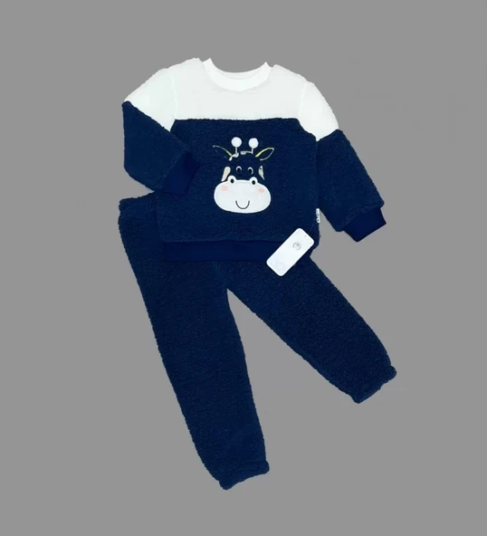 1-2-3 Yaş Ponponlu Zürafa Desenli Kuzu Kumaş Uzun Kollu 2li Kız Erkek Çocuk Takımı Lacivert