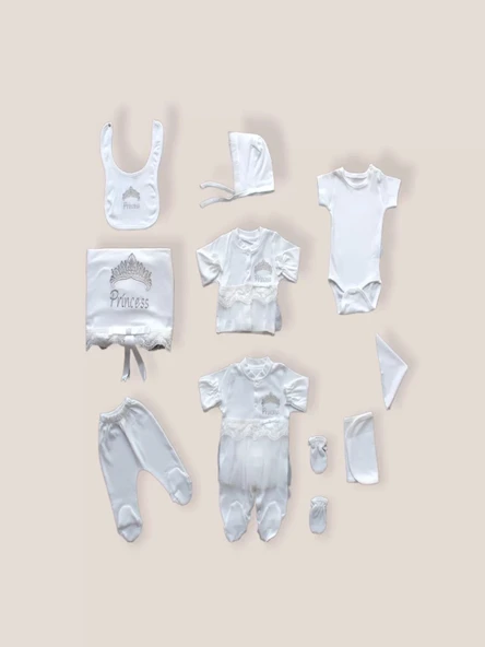 Taçlı Prensesim Nakışlı 10lu Zıbın Takımı Hastane Çıkışı Ekru