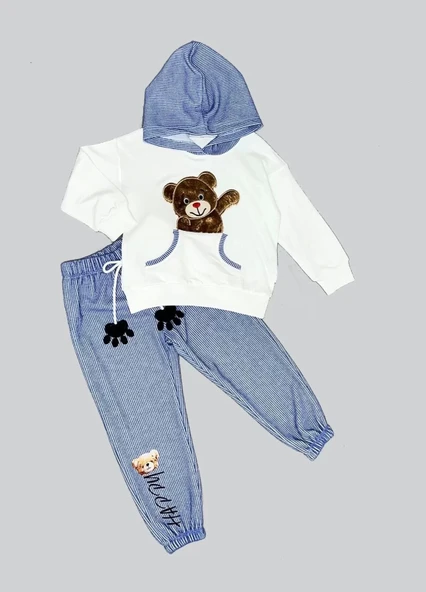 2-3-4 Yaş Pelüş Ayı Desenli Kapşonlu Uzun Kollu Penye Sweat 2li Erkek Çocuk Takımı Ekru