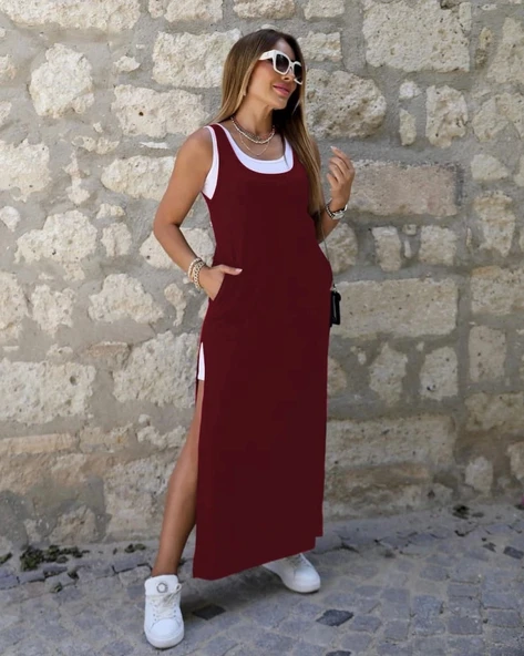 Kadın Yırtmaç Detaylı Viskon Kumaş Maxi Boy Cepli Iç Dahil Ikili Elbise - 2