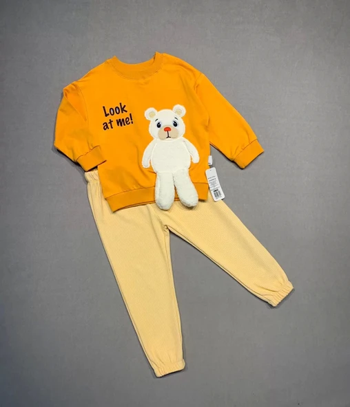 2-3-4 Yaş Ayıcık Sallanan Ayak Desenli Likra Penye Kumaş Sweat Pantolonlu Kız Erkek 2li Çocuk Takımı Turuncu