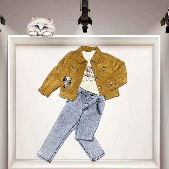 3-4-5 Yaş Fitilli Kadife Ceket Kot Pantolonlu 3lü Kız Erkek Çocuk Takımı Hardal - 2