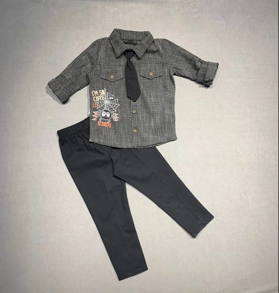 3-4-5 Yaş Kravatlı Keten Gömlek Gabardin Pantolon Uzun Kollu 3lü Erkek Çocuk Takımı Siyah - 3