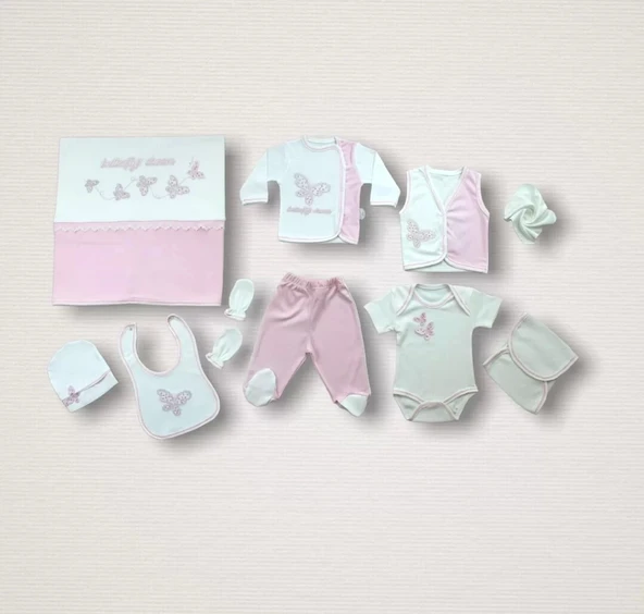 Uçan Kelebekler Nakışlı 10lu Zıbın Takımı Hastane Çıkışı Pembe