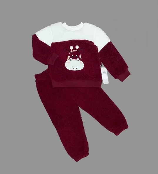 1-2-3 Yaş Ponponlu Zürafa Desenli Kuzu Kumaş Uzun Kollu 2li Kız Erkek Çocuk Takımı Bordo