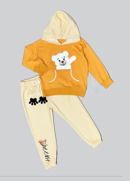 2-3-4 Yaş Pelüş Ayı Desenli Kapşonlu Uzun Kollu Penye Sweat 2li Erkek Çocuk Takımı Turuncu
