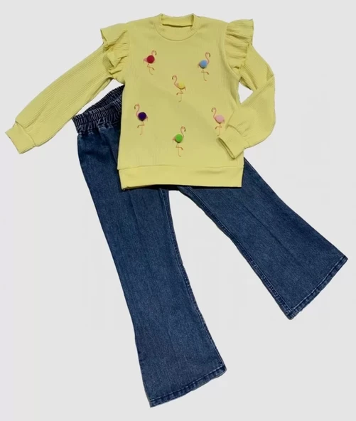 4-5-6 Yaş Kot Pantolonlu Flamingo Desenli Penye Sweat Uzun Kollu 2li Kız Çocuk Takımı Sarı ürün görseli