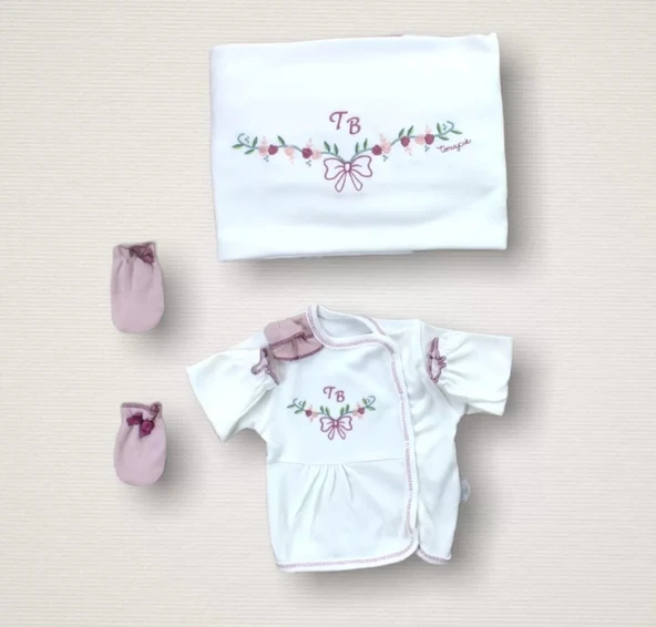 Bahar Çiçekleri Nakışlı 10lu Zıbın Takımı Hastane Çıkışı Gül Kurusu - 2