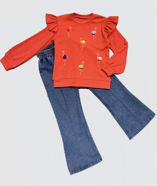 4-5-6 Yaş Kot Pantolonlu Flamingo Desenli Penye Sweat Uzun Kollu 2li Kız Çocuk Takımı Kırmızı