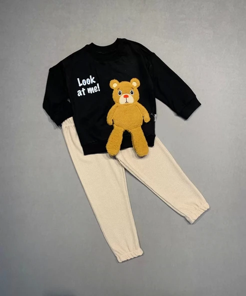 2-3-4 Yaş Ayıcık Sallanan Ayak Desenli Likra Penye Kumaş Sweat Pantolonlu Kız Erkek 2li Çocuk Takımı Siyah