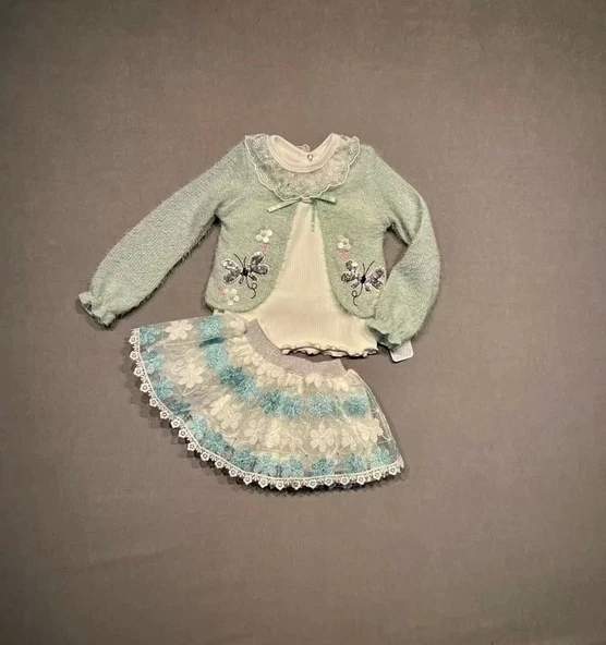 1-2-3 Yaş Brode Etekli Örme Hırkalı Uzun Kollu Sweat 3lü Kız Çocuk Takımı Su Yeşili ürün görseli