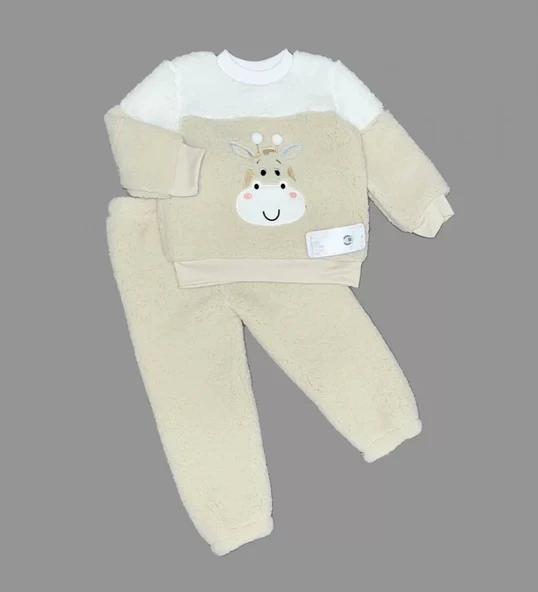 1-2-3 Yaş Ponponlu Zürafa Desenli Kuzu Kumaş Uzun Kollu 2li Kız Erkek Çocuk Takımı Bej