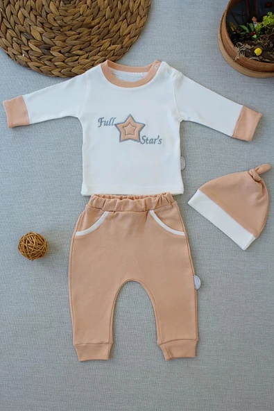 3-6 6-9 9-12 Ay Full Star Nakışlı Şapkalı Uzun Kollu Sweat 3lü Erkek Bebek Takımı Buğday