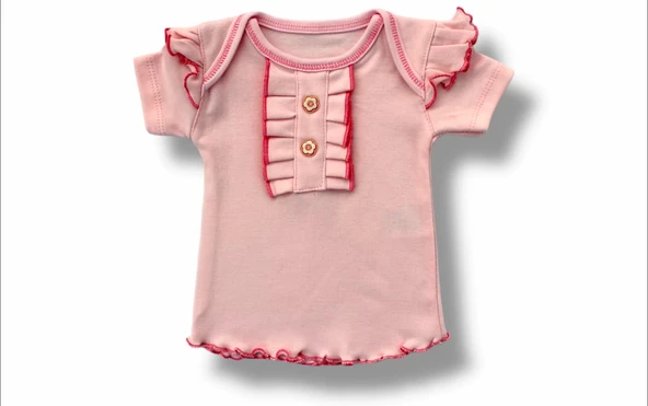 3-6 6-9 9-12 12-18 Ay Düğme Detaylı Bandanalı Kısa Kollu Sweat 3lü Kız Bebek Takımı Pudra - Resim 2