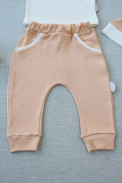 3-6 6-9 9-12 Ay Full Star Nakışlı Şapkalı Uzun Kollu Sweat 3lü Erkek Bebek Takımı Buğday - 3