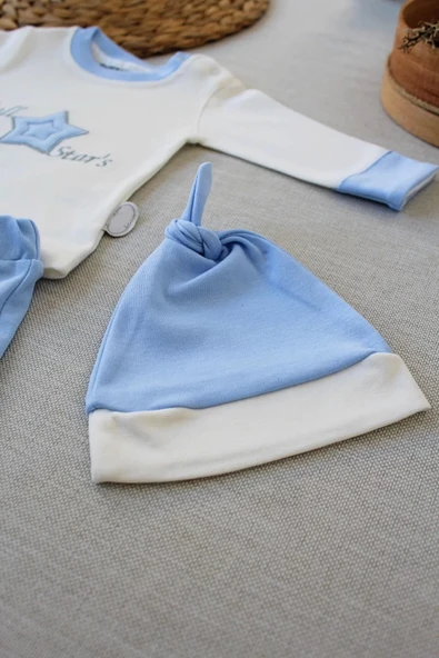 3-6 6-9 9-12 Ay Full Star Nakışlı Şapkalı Uzun Kollu Sweat 3lü Erkek Bebek Takımı Mavi - Resim 4